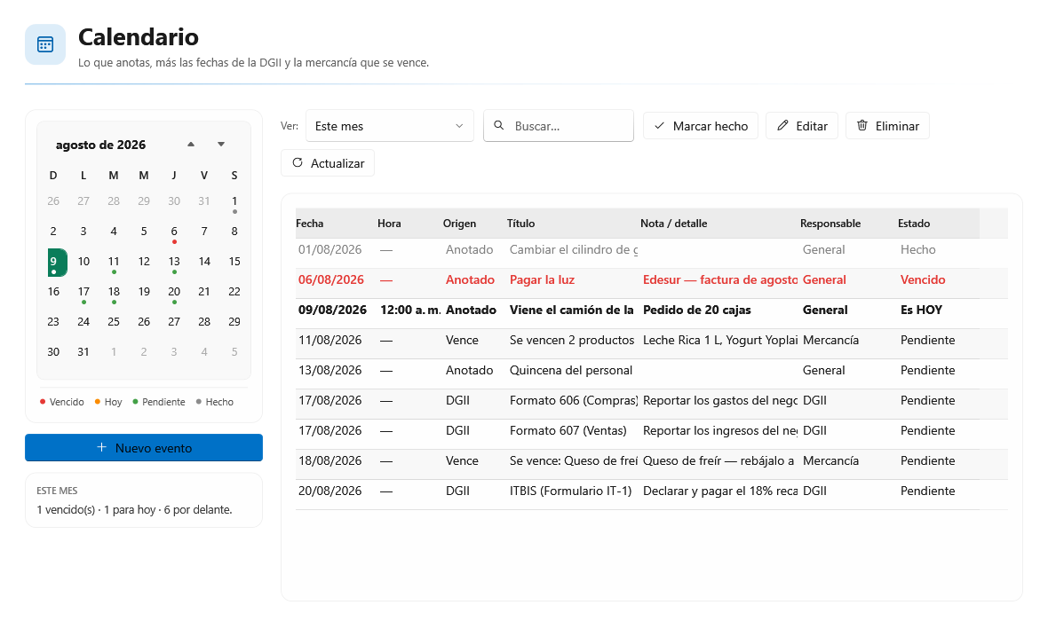 Calendario de Bidef GO con las fechas de la DGII marcadas automáticamente y los días con puntos de color.