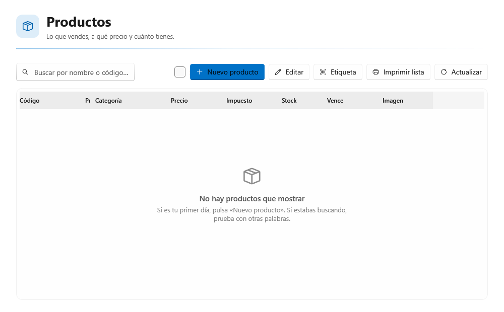 Pantalla de productos de Bidef GO con código, precio, impuesto, existencia y vencimiento.