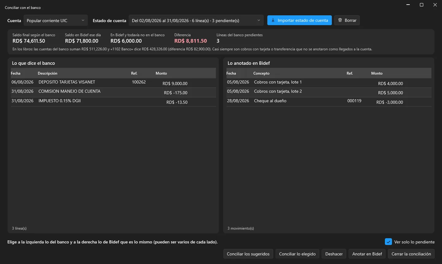 Pantalla de conciliación de Bidef GO con las líneas del banco y los movimientos anotados.