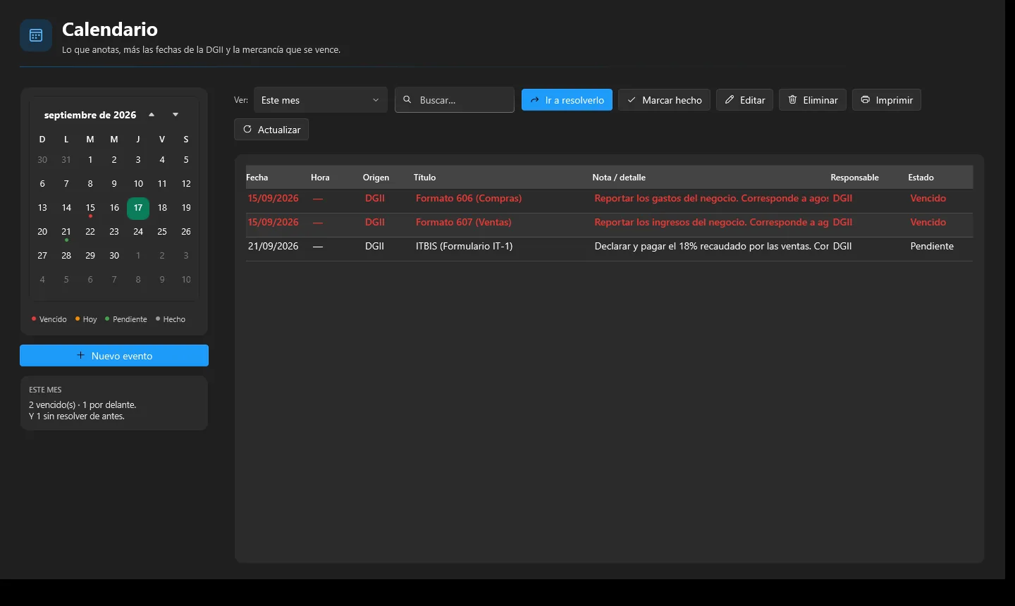 Calendario de Bidef GO con las fechas de la DGII marcadas automáticamente.