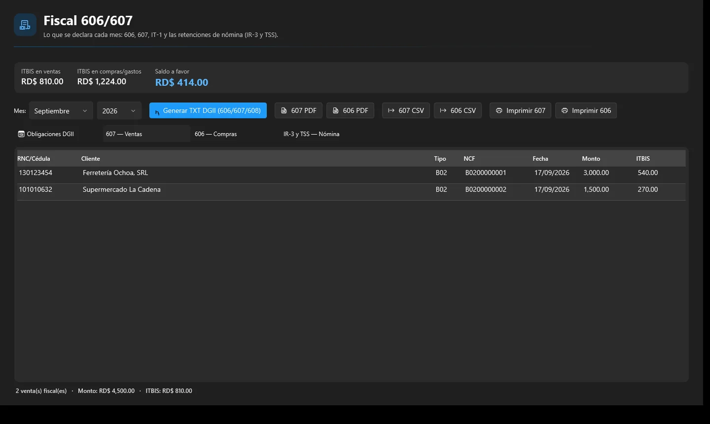 Pantalla fiscal de Bidef GO con el 606, el 607 y el ITBIS del mes.