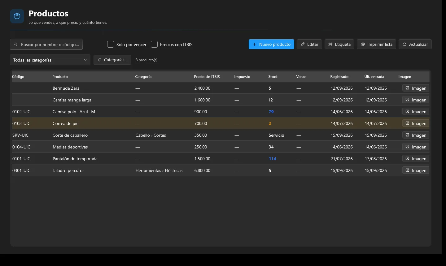 Pantalla de productos de Bidef GO con precio, existencia y vencimiento.