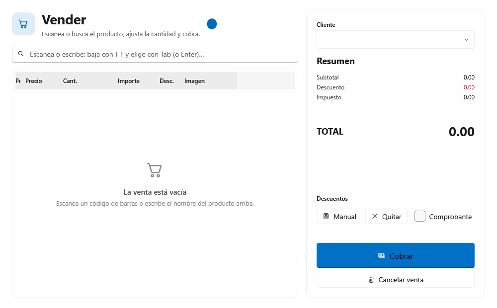 Pantalla de venta de Bidef GO: buscador de productos, carrito y total a cobrar.